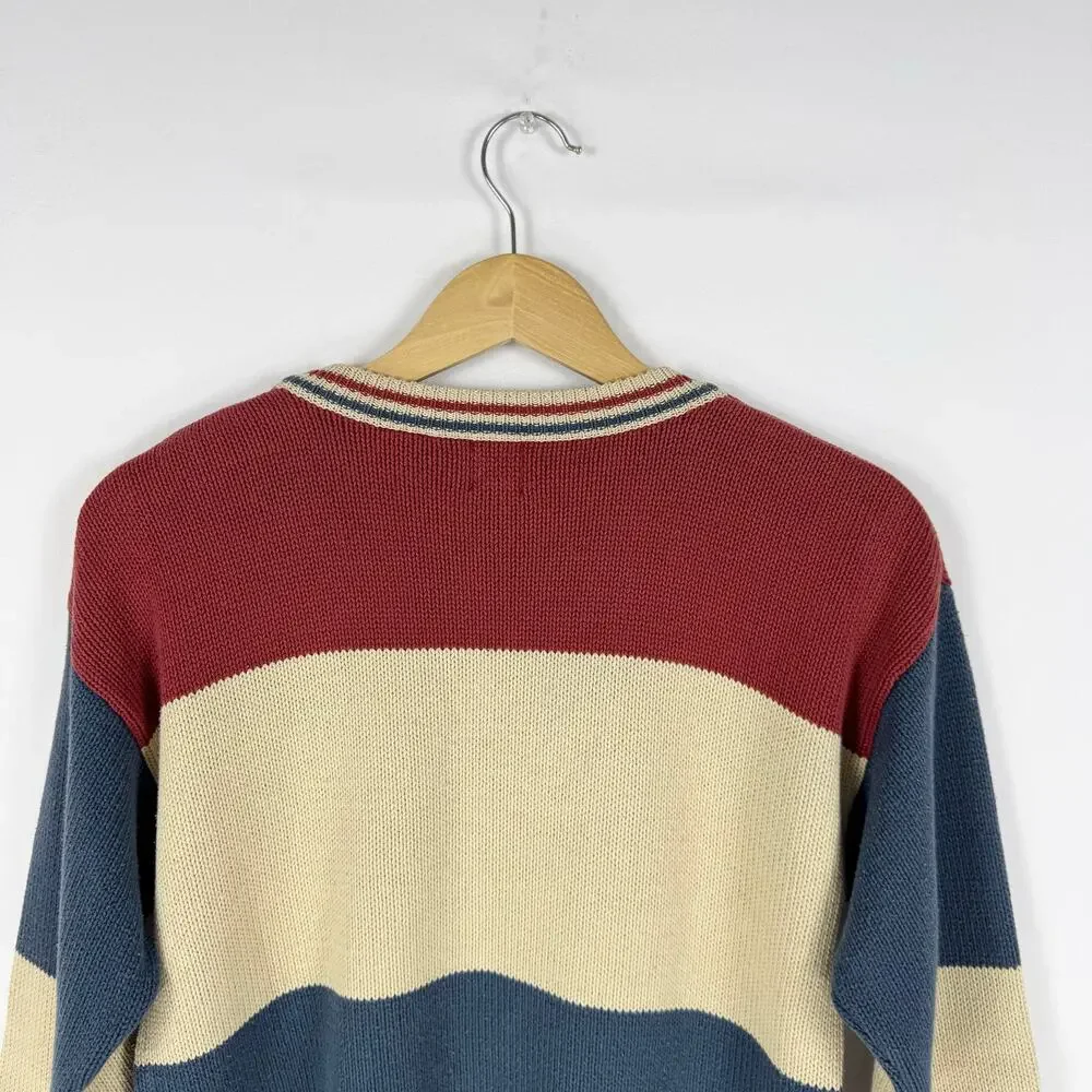 Gap Kids Vintage 80s Varsity Teams Knit Sweater Large Red Beige Blue 100% Cotton